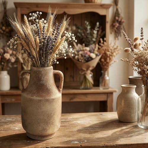 Farmhouse Vase with Handles, 11 Inch Large Terracotta Pot, Rustic Ceramic Floor Vase for Dried Branches & Florals, Neutral Centerpiece for Living Room, Entryway, Coffee Shop DecorG - Image 2