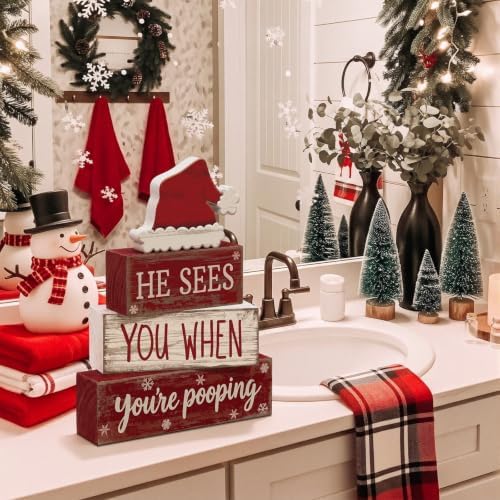 Moucuny 4 Pcs Christmas Bathroom Decorations, Funny Christmas Wooden Signs - Image 5