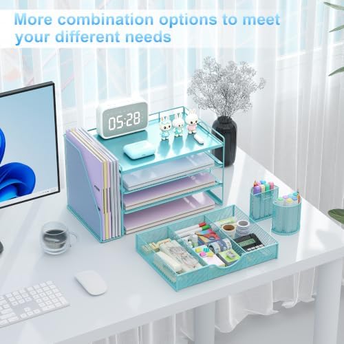 gianotter Wood Desk Organizers and Accessories with File Holder, 4-Tier Desk Accessories & Workspace Organizers with Drawer and 2 Pen Holder, Desk Reference Organizer (Blue, 4T with Metal Drawer) - Image 3