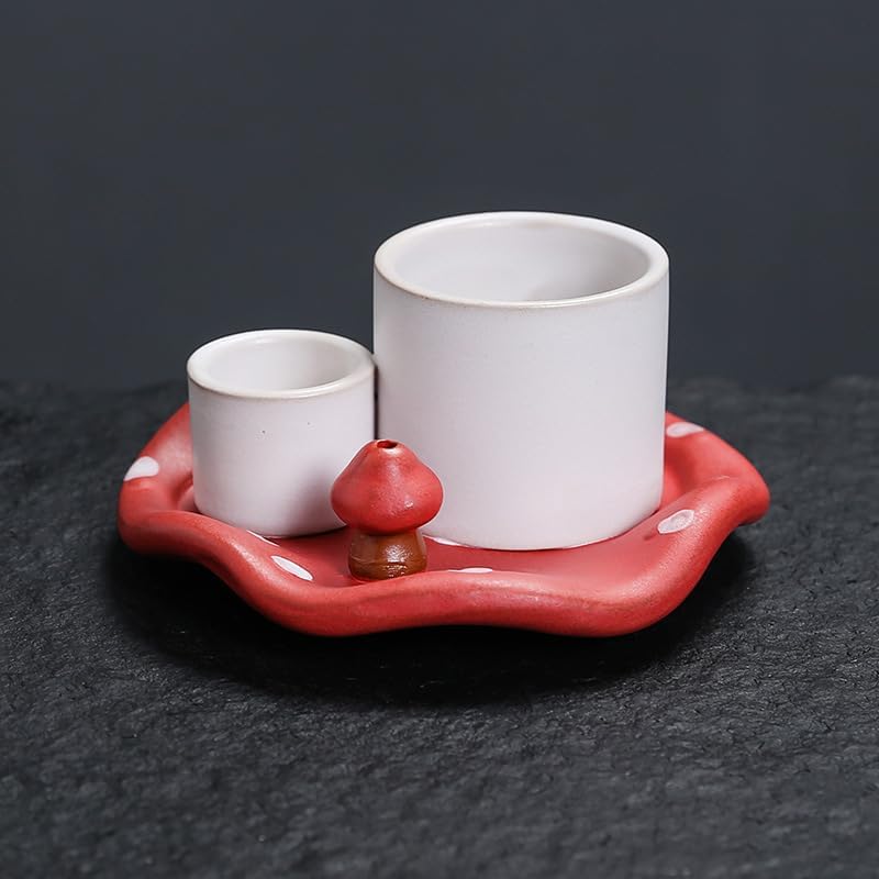 Mushroom Ceramic Incense Holder Set,4-in-1 Design for Sage, Palo Santo, Incense Sticks Candles,Red Ceramic Ash Catcher Tray for Mess-Free Meditation, Yoga and Home Decor - Image 4