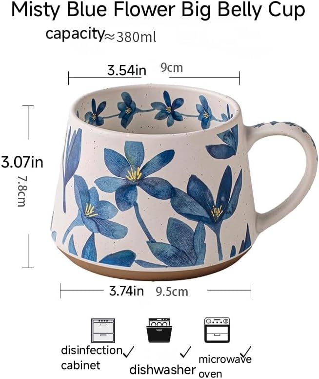 14OZ Ceramic Latte Mug, Cute Misty Blue Flower Coffee Mug For Women, Retro Floral Cup For Green Tea OR Coffee,Hand Painted Floral Design Pottery Cute Mug - Image 3