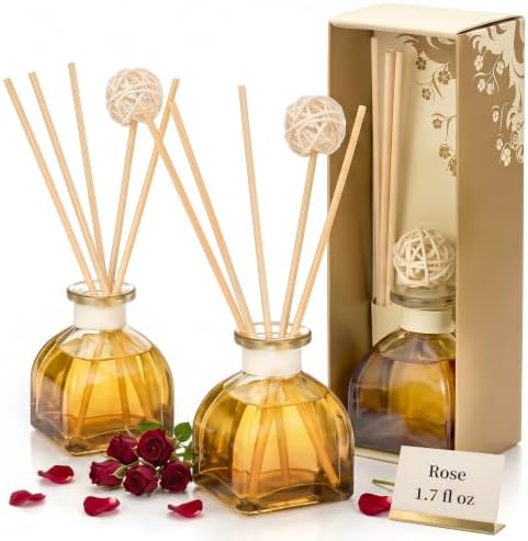 Rose Reed Diffuser Set, 2 Pack 1.7 fl oz Glass Bottles, 5 Rattan Sticks & Rattan Ball, Plant-Based Non-Toxic Essential Oil, Romantic Long-Lasting Home Fragrance for Bedroom Living Room by WOHSEROM