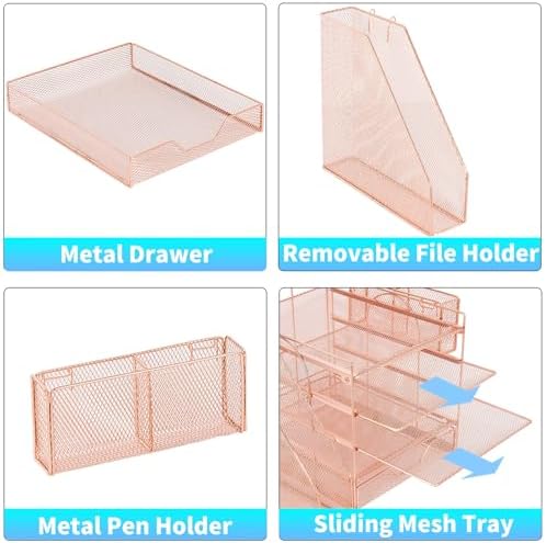5-Tier Desk File Organizer with Drawer & Pen Holder (Rose Gold) - Image 3