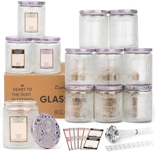 LumaCraft Luxury Embossed Glass Candle Jars for Making Candles - 12 Pack Empty Candle Containers with Lids, 20 Wicks & 20 Stickers, Colored Glass Jars for Gifts & Decor by Unknown