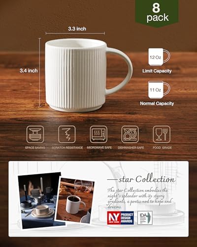 famiware Coffee Mug Set of 8, Star 12 oz Ceramic Mugs Cups Set with Handle - Image 3