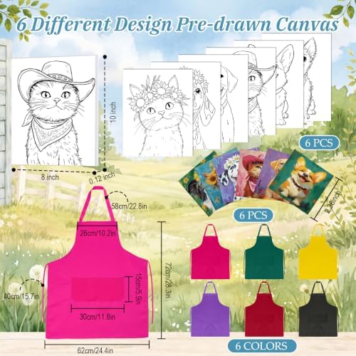 Cholemy 6 Set Paint and Sip Kit for Adults 8"x 10" Pre Drawn Canvas Painting with Wooden Easel Acrylic Paint Wash Cup Brushes Palette Apron for Painting DIY Adult's Date Party Supplies(Happy Pets) - Image 3