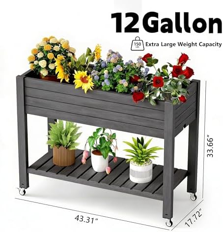Elevated Raised Garden Bed with Legs, 33.66" Tall Self-Watering Resin Outdoor Planter Box with Storage Shelf, Drain Plug Water & Monitor for Plants Vegetables Flowers Fruits (Black) - Image 2