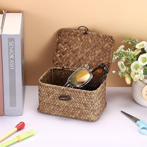 Hipiwe Small Wicker Basket with Lid Woven Seagrass Organizer, 6.1"x 4"x3.3" - Image 2