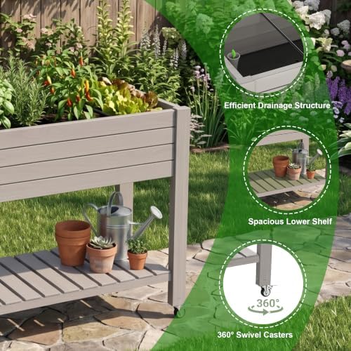 Elevated Resin Raised Garden Bed, 33.7in Height Raised Planter Box with Drainage Holes, Lockable Rotating Wheels & Bottom Storage Shelf, Stake Support, Easy Assembly for Patio Lawn Backyard Balcony - Image 5