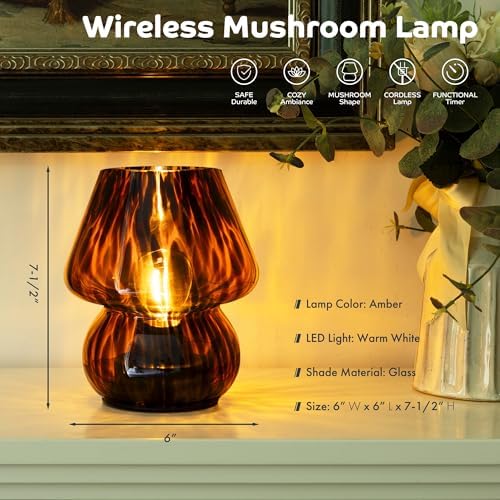 ULAROOM Battery Operated Mushroom Lamp - Vintage Small Table Lamp with Timer, Cordless Bedside Nightstand Lamp, Glass Battery Powered Lamp for Bedroom Kitchen Living Room Shelf Decor Aesthetic Amber - Image 2