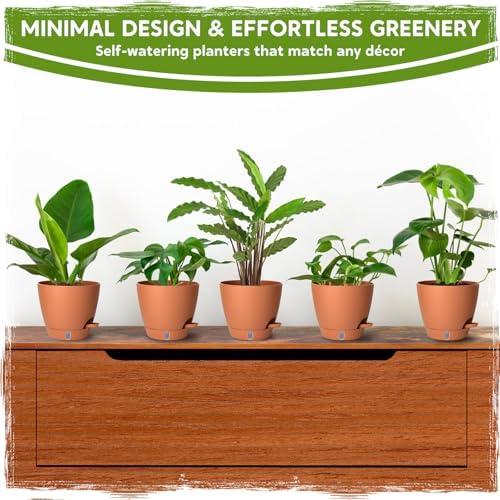 8 Inch Self Watering Pots for Indoor Plants, Plastic Planters with Deep Reservoir & Drainage Holes, Flower Pots for Monstera, Snake Plant & Peace Lily, Worry-Free Vacation Care (Terra Cotta, 8 inch) - Image 5