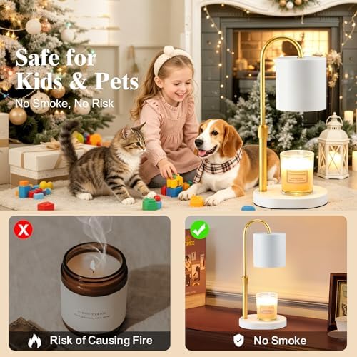 Dreamholder Electric Candle Warmer Lamp with Timer, Dimmable Candle Lamp with Adjustable Height, Wax Melter for Jar Candles Wood Base Floral Home Decor Gifts for Women Mom, White Gold - Image 6
