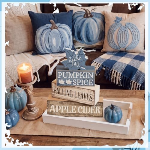 Moucuny 4 Pcs Fall Table Decoration Rustic Blue Maple Leaf Wooden Blocks - Image 5