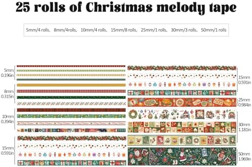 25 Rolls Christmas Gift Washi Tape Set, Festivals New Year Decorative Tapes for Scrapbooking, Junk Journal supplies, DIY Crafts Gift, Party Decorations, Bullet Journaling, 5-50mm Wide 9.84ft long/Roll - Image 3