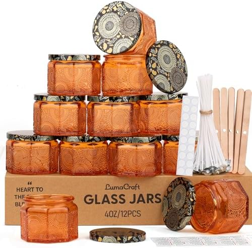 LumaCraft 12 Pack 4oz Glass Candle Jars with Lids, Hexagon Embossed Candle Making Containers, Empty Candle Jars with 20 Wicks & Labels for DIY Candle Making, Party Favors, Home Decor by Unknown