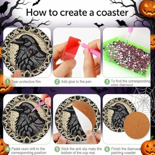 LWZAYS 8 Pcs Halloween Diamond Art Coasters Kit - DIY 5D Horror Crow Diamond Painting Coasters with Holder, Mini Small Diamonds Arts Kits for Adults Coaster, Gem Art Arts and Crafts for Adults - Image 5