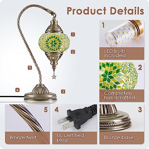 Yarra-Decor Turkish Moroccan Lamp with Bronze Base 3 Color Options Handmade Swan Neck Mosaic Glass Bedside Lamps for Bedroom (LED Bulb Included)(Green2) - Image 5