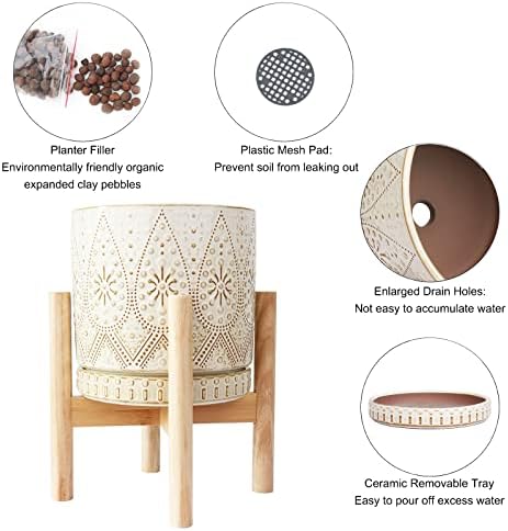 8 Inch Plant Pot with Stand, Ceramic Planter with Drainage Holes, Saucers and Mesh Pads for Indoor-Outdoor Plants - Image 4