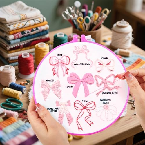 Pink Bowknot Embroidery Kits for Beginners Adults, Cute Hand Embroidery Starter Kits, Counted Cross Stitch Kits for Beginners DIY Craft Kits for Adults Women, Embroidery Hoops, Thread & Video Tutorial - Image 3