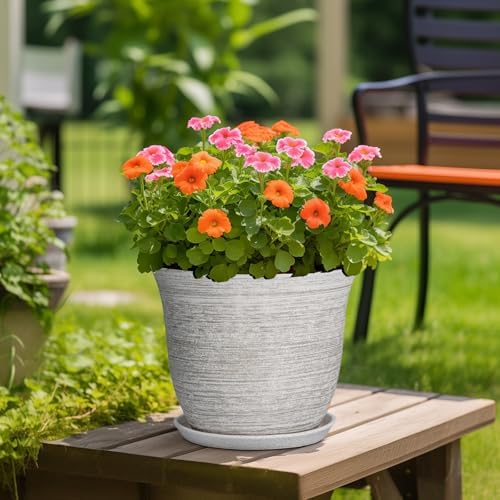 Ceramic Planter - 12 Inch Plant Pot with Drainage Hole and Saucer, Round Large Plant Pots for Indoor Outdoor, Modern Decorative Flower Pots, Garden Room Home Decor, Housewarming Gifts, Grey - Image 4