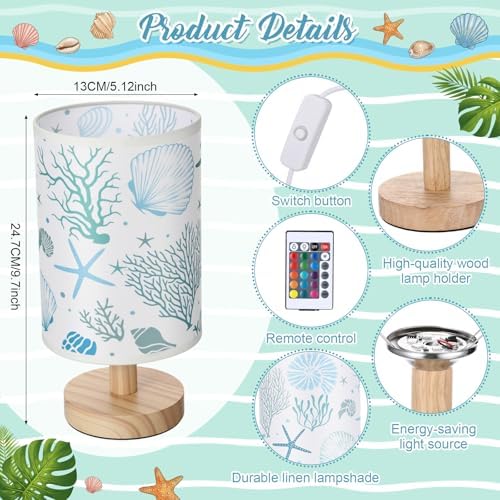 VIHOSE Table Lamp Beach Starfish Seashell Blue Night Light with Wood Base - Image 2