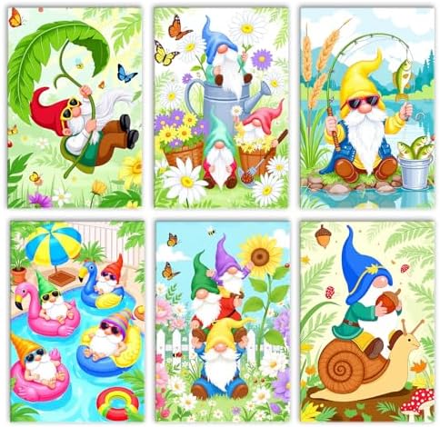 Tucocoo 6 Pack Gnome Paint by Numbers Kits 8x12 inch Seasonal Gnome Scenery Painting for Adults Beginner DIY Oil Acrylic Pigment Dwarf in Spring Summer Drawing Paintwork Sets for Friends/Family Night by Tucocoo