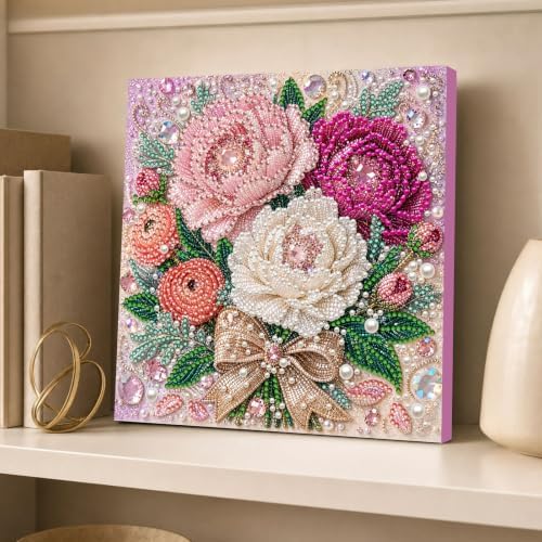 DIY Pearl Painting Kit for Adults, Peony Flower Gem Art with Wood Frame, 20x20cm Pearl Diamond Craft, Floral Wall Decor Gift for Women, Beginners Relaxing Hobby Kit - Image 3