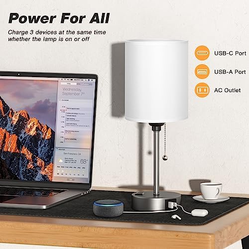 White Bedside Lamp for Bedroom - 3 Color Temperatures Desk Lamp with USB C and A Ports, Pull Chain Table Lamp with AC Outlet, Nightstand Lamp with Silver Metal Base for Kids Girls - Image 3