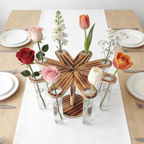 Plant Terrarium Propagation Stations, Clear Glass Flower Vases, Wooden Stand Retro, Hydroponics for Home Office Decoration, Dining Table Centerpiece - 8 Glass Tubes Vases - Image 3
