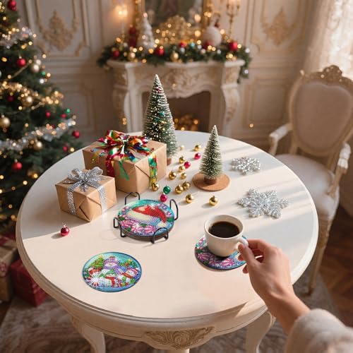 Zynlio Christmas Diamond Paintings Coasters Kits Set with Holder, Christmas Diamond Art, DIY Diamond Crafts Coasters for Adults, Diamond Art Painting Kits for Women, Beginners, Diamond Craft Supplies - Image 4