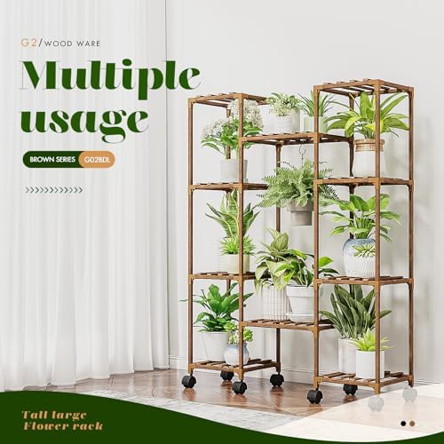 GENTINGBRO Plant Stand with Wheels Outdoor Indoor Hanging Plant Shelf for Multiple Plants Tall Large Holder for Living Room Patio Balcony Garden Corner Mobile - Image 2
