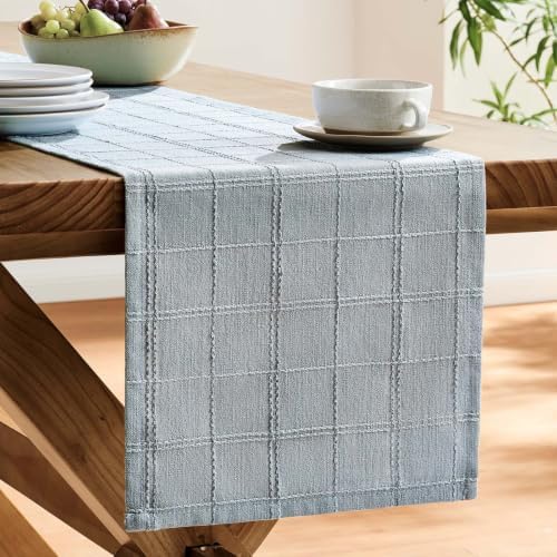 ZeeMart Linen Checked Farmhouse Table Runner, 13x108 Inches Chambray - Image 4