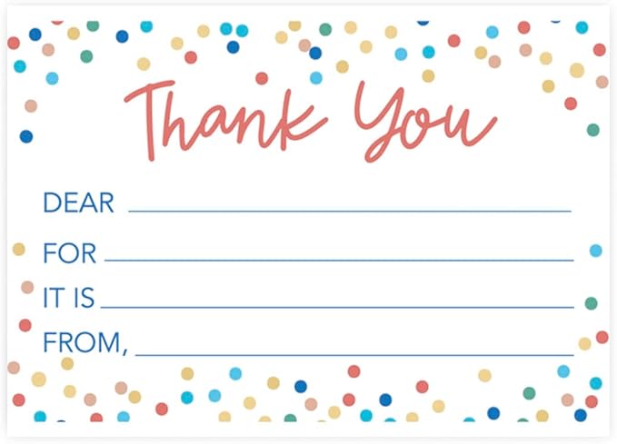 Andaz Press Kids Fill in the Blank Thank You Cards - 20 Cards Including Envelopes Confetti Sprinkles Gender Neutral Note Cards For Boys Girls Birthday Thank You Notes for Friends, Family Party Guests
