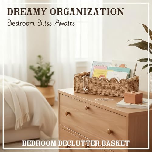 Upgraded Paper Rope Scalloped Edge Toilet Paper Storage Basket, Small Living Room, Bedroom Decor Baskets for Over Toilet Storage Shelf, End Table, Shelves and More, with 2 Wooden Handle (Neutral) - Image 3
