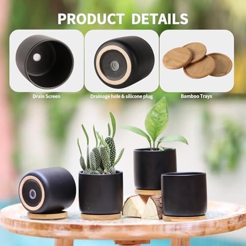 4" Ceramic Plant Pots with Drainage Holes & Trays Black Set of 4 - Image 2