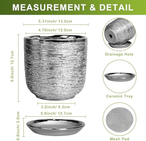 Ceramic Plant Pot 5 Inch - Indoor Planter with Drainage Hole and Saucer, Round Modern Flower Pot for Succulent Plants, Housewarming Gifts, Office Home Desk Decor, Silver - Image 3