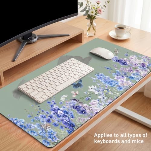 Sage Green Desk Mat, Blue Violet Wildflower XXL Mouse Pad 35.4x15.7in - Image 7