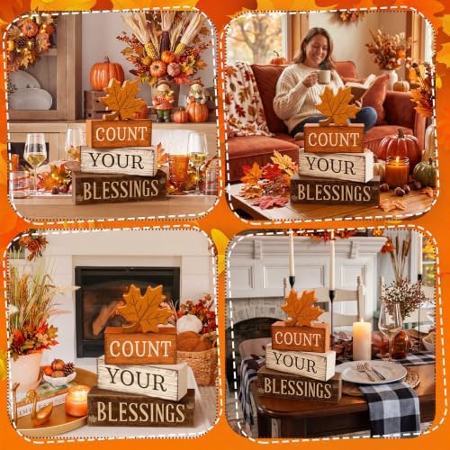 Moucuny 4 Pcs Fall Table Decoration Rustic Maple Leaf Stacked Wooden Blocks - Image 6