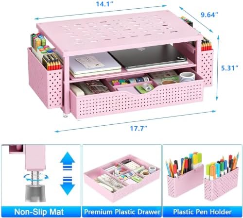 gianotter Desk Organizers and Accessories, Monitor Stand with Drawer and 2 Pen Holder, Desktop Organizer Suitable for Offices and Dormitories (Pink) - Image 5