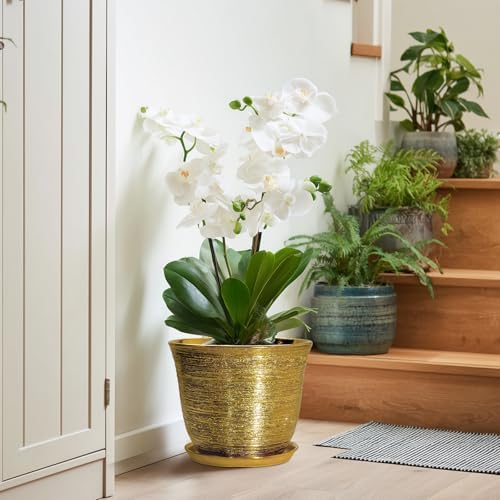 Ceramic Planter - 10 Inch Plant Pot with Drainage Hole and Saucer, Round Flower Pots for Indoor Outdoor, Large Modern Decorative Planter, Garden Room Home Decor, Gifts for Plant Lover, Gold - Image 6