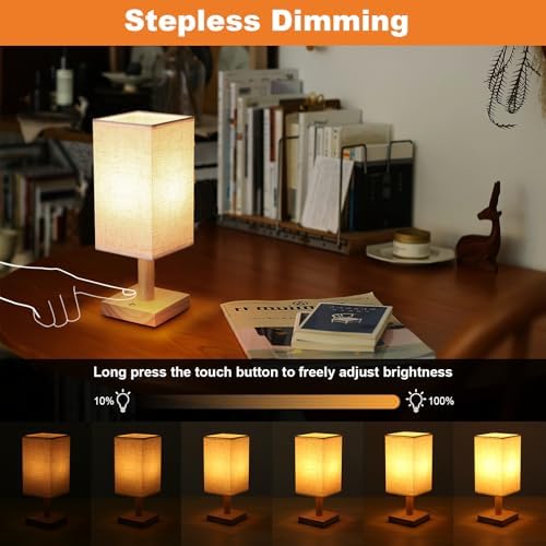 UCHENTON Small Cordless Touch Square Table Lamp with Stepless Dimming, Natural Wood Base & Linen Fabric Shade, Battery-Powered Ambient Night Light for Bedroom, Bedside, Nightstand,Room, Nursery - Image 2