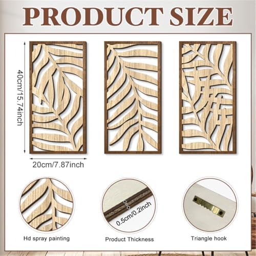 3 Pcs Tropical Leaf Wood Wall Art Decor, Boho Wall Sculptures for Home (C) - Image 2