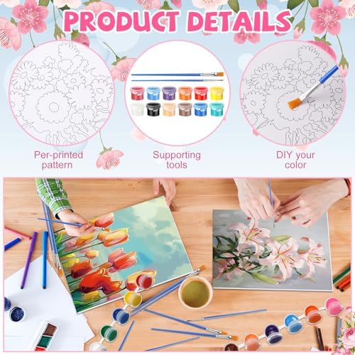 Blosssound 10 Set Pre Printed Canvas Pre Drawn Canvas Painting with Easel Kits 5" x 7" Outline Painting Panels for Beginners, DIY Craft Project, Party Favor, Home Decors(Flower) - Image 3