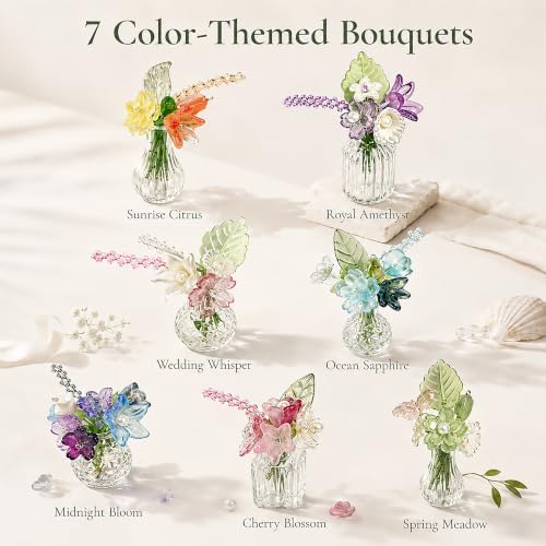 Mini Beaded Flower Bouquet Making Kit with Magnetic Vases - Refrigerator Magnet Craft Kit with 7 Color-Themed Floral Designs & Full Jewelry-Making Tools, Perfect for Home Decor & Stress Relief - Image 2