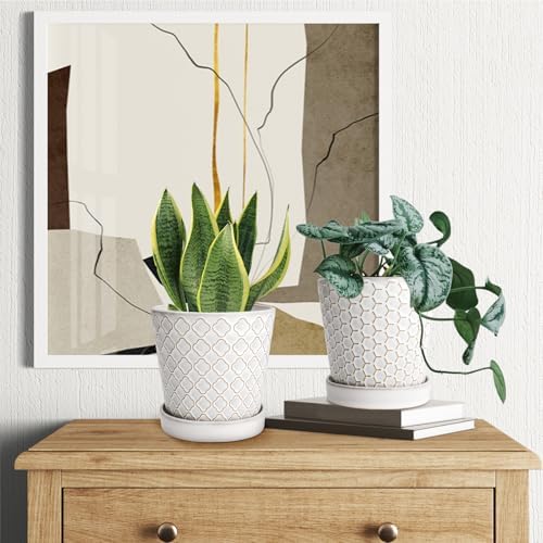 EFISPSS Ceramic Plant Pots Indoor, 5 Inch Planters with Drainage Holes and Ceramic Tray, Relief Design Flower Planter, Desktop Office Windowsill Decoration Gift Set of 4, White - Image 5