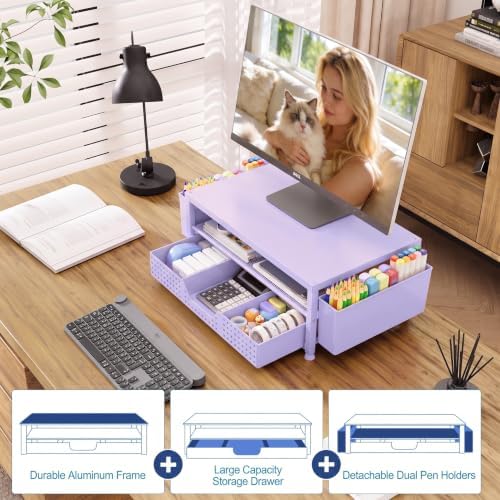 OPNICE Desk Organizers and Accessories, Computer Monitor Stand Riser with Drawer and 2 Pen Holders, Printer & Laptop Stand, Office Desk Accessories & Workspace Organizers for Home Office Supplies, Purple - Image 5