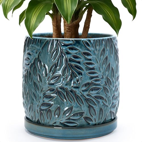 D'vine Dev Embossed Leaves Ceramic Planter, 10 in, Ocean Teal, 27-A-P-8 by DvineDevPlanterPotsandStand