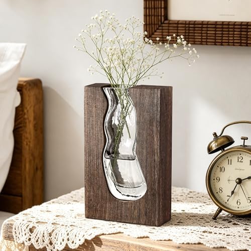 Wood and Glass Inlay Vases Farmhouse Wooden Glass Flower Vase Solid Wood Glass Vase Home Decor Vases for Centerpiece (9.44 Inches) - Image 6