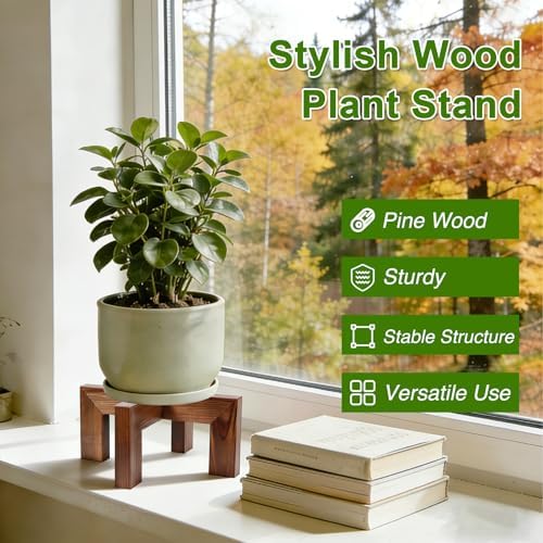 Wood Plant Stand Indoor Outdoor, Mid Century Modern Planter Holder, Sturdy Plant Pot Stand, Single Floor Flower Pot Holder (Walnut, Fit 5-10 Inch Pots) - Image 2