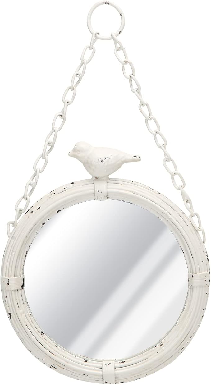 NIKKY HOME 6.7 Inch Decorative Small Hanging Mirrors Vintage Rustic Round Metal Framed Wall Mounted Mirror Decor with Bird for Bathroom Living Room Office, Rustic White